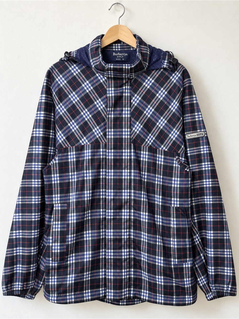 Vintage Burberrys Golf Windbreaker: Blue Tartan Check Hooded Jacket (Size S)